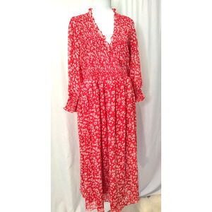 Asos Design Red Smocked Floral Light Weight Long Sleeve Maxi Dress Plus Size 14